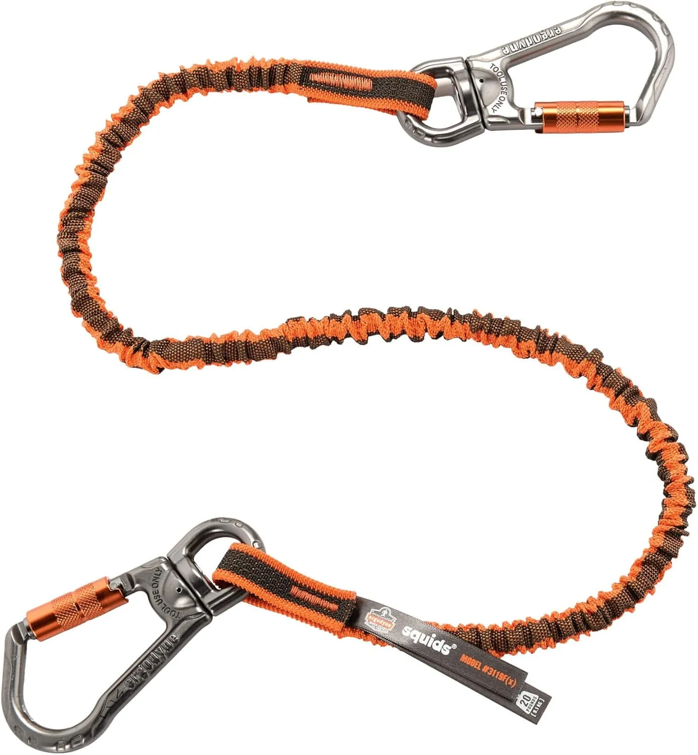 Ergodyne - 19829 Shock Absorbing Tool Lanyard with Two Double Locking Swiveling Carabiners, Tool Weight Capacity 25lbs, Squids 3119, Orange & Gray, Standard (3119F(x))