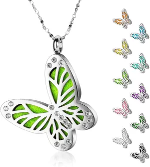 Essential Oil Diffuser Necklace Butterfly Zircon Stainless Steel Aromatherapy Pendant Locket with Adjustable Chain and 10 PCS Felt Pads Mothers Day Christmas Birthday Gift for Women Girls