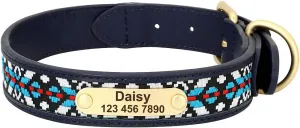 Exotic Custom Dog Collars PU Leather Personalized Pet Name ID Collar Padded Ethnic Collars Adjustable for Small Medium Large Dog Navy Blue S