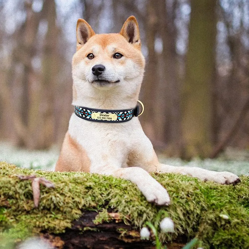 Exotic Custom Dog Collars PU Leather Personalized Pet Name ID Collar Padded Ethnic Collars Adjustable for Small Medium Large Dog Navy Blue S