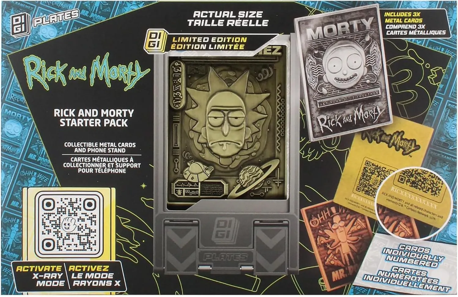 Exquisite Gaming: Digiplate Starter Pack - Rick & Morty - Warner Bros - 3 Collectible Metal Cards & Phone Stand, Copper-Gold-Silver Image Plates