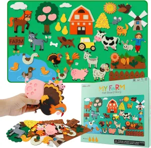 Farm Animals Felt Board Story Set for Toddlers Aged 1-3, Preschool Learning Activity Kit with Sewn Hook Fasteners, Interactive Sensory Toys for Boys and Girls Birthday Gift - 4ft Flannel, 43 Pieces