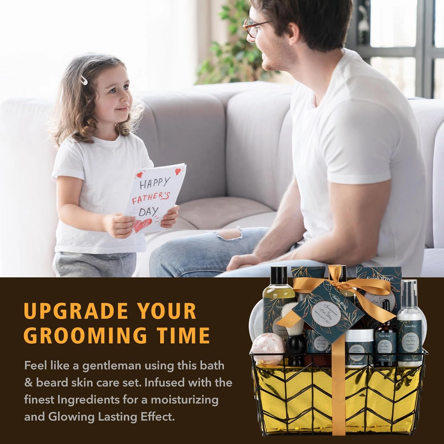 Fathers day gift baskets Birthday Day Gifts for Him Spa Gift Basket for Men, Body Wash, 13pcs Sandalwood Oak Moss Bath and Beard Kit for Men with Beard Brush, Bread Comb Spa Kits for Man dad