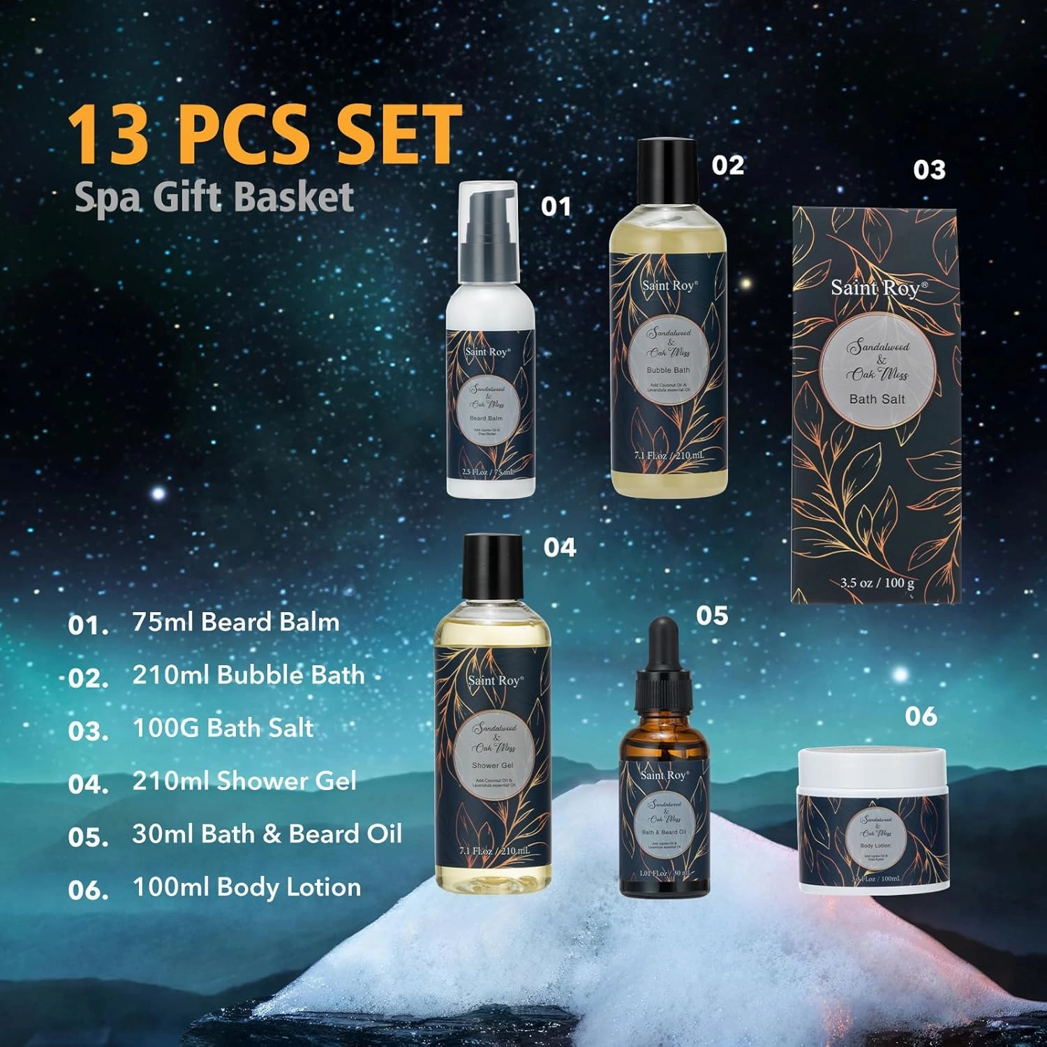 Fathers day gift baskets Birthday Day Gifts for Him Spa Gift Basket for Men, Body Wash, 13pcs Sandalwood Oak Moss Bath and Beard Kit for Men with Beard Brush, Bread Comb Spa Kits for Man dad