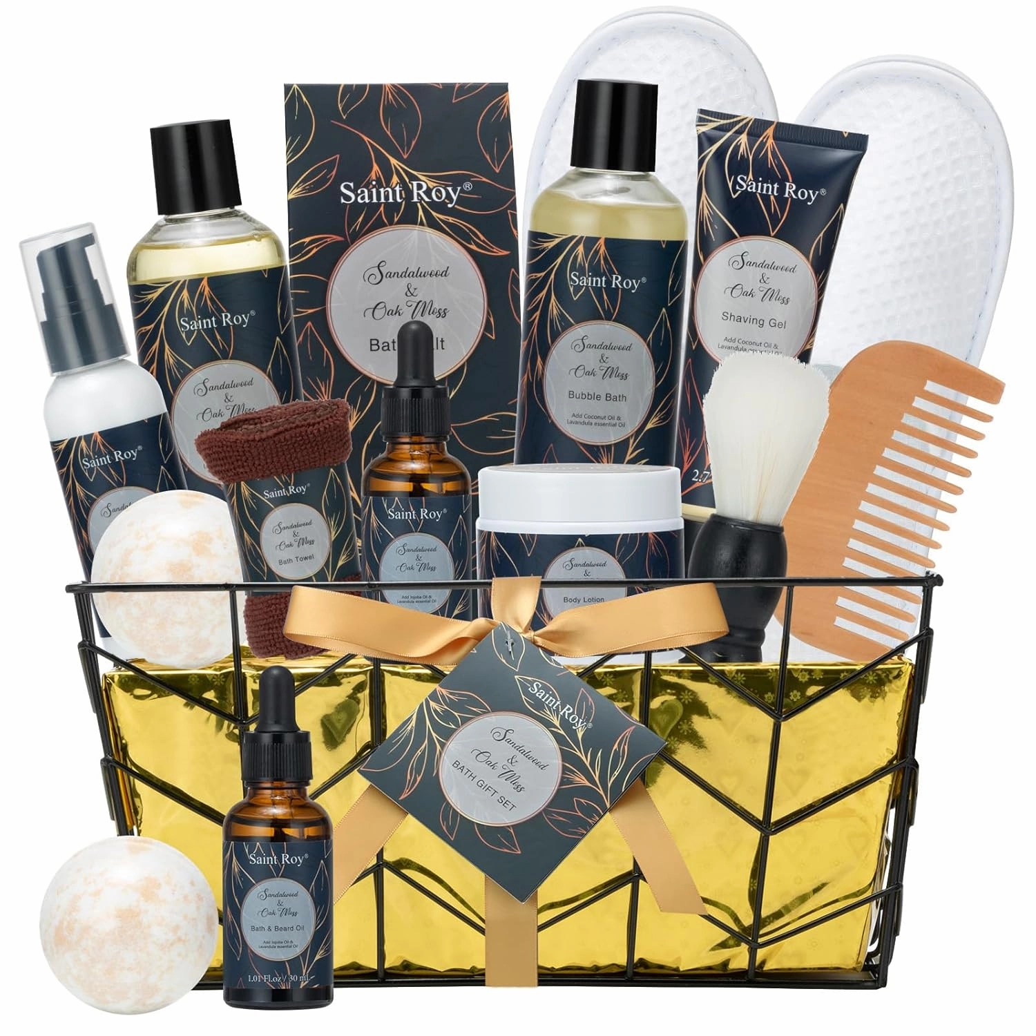 Fathers day gift baskets Birthday Day Gifts for Him Spa Gift Basket for Men, Body Wash, 13pcs Sandalwood Oak Moss Bath and Beard Kit for Men with Beard Brush, Bread Comb Spa Kits for Man dad