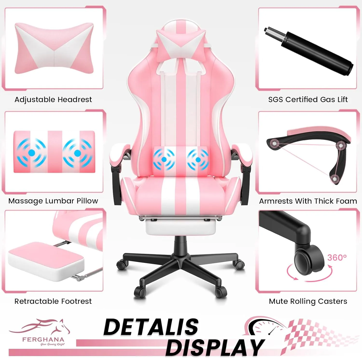 Ferghana Pink Gaming Chairs with Footrest,Computer Game Chair,Massage Gaming Chairs,Christmas,Xmas Gift,PC Gaming Chairs for Adults Teens for Gaming Live Streaming Room