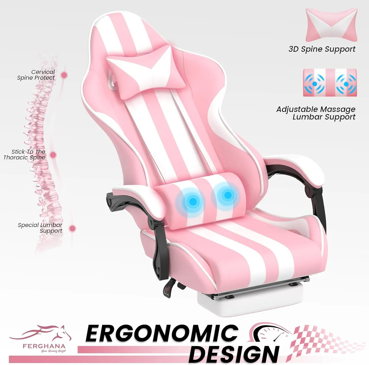 Ferghana Pink Gaming Chairs with Footrest,Computer Game Chair,Massage Gaming Chairs,Christmas,Xmas Gift,PC Gaming Chairs for Adults Teens for Gaming Live Streaming Room