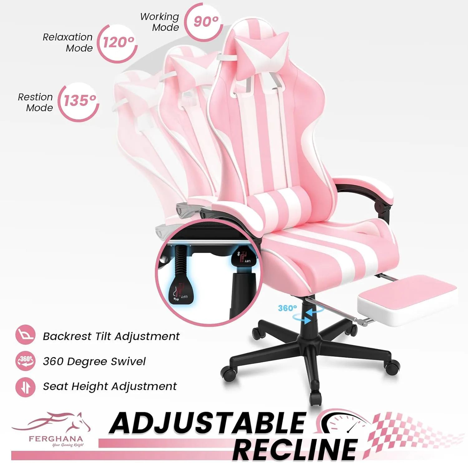 Ferghana Pink Gaming Chairs with Footrest,Computer Game Chair,Massage Gaming Chairs,Christmas,Xmas Gift,PC Gaming Chairs for Adults Teens for Gaming Live Streaming Room