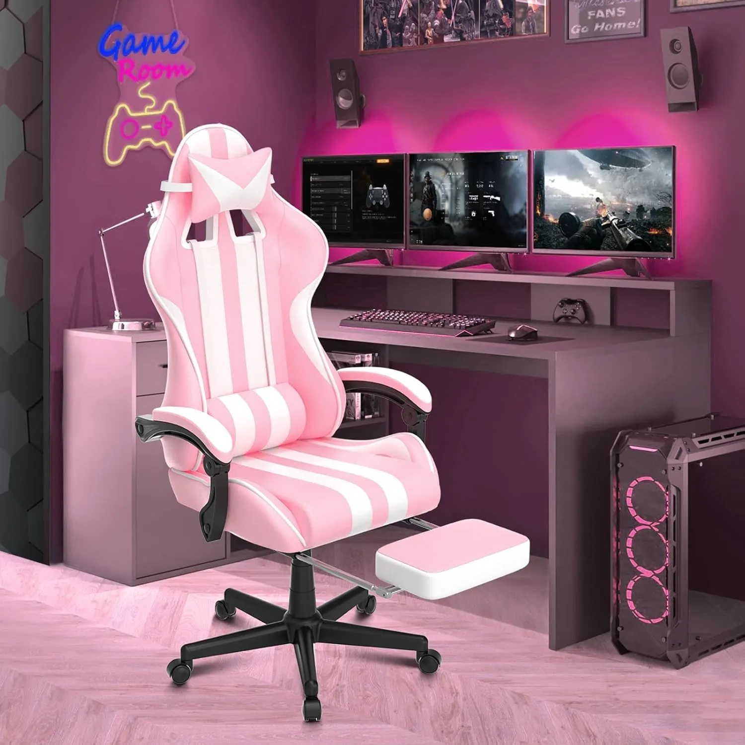 Ferghana Pink Gaming Chairs with Footrest,Computer Game Chair,Massage Gaming Chairs,Christmas,Xmas Gift,PC Gaming Chairs for Adults Teens for Gaming Live Streaming Room