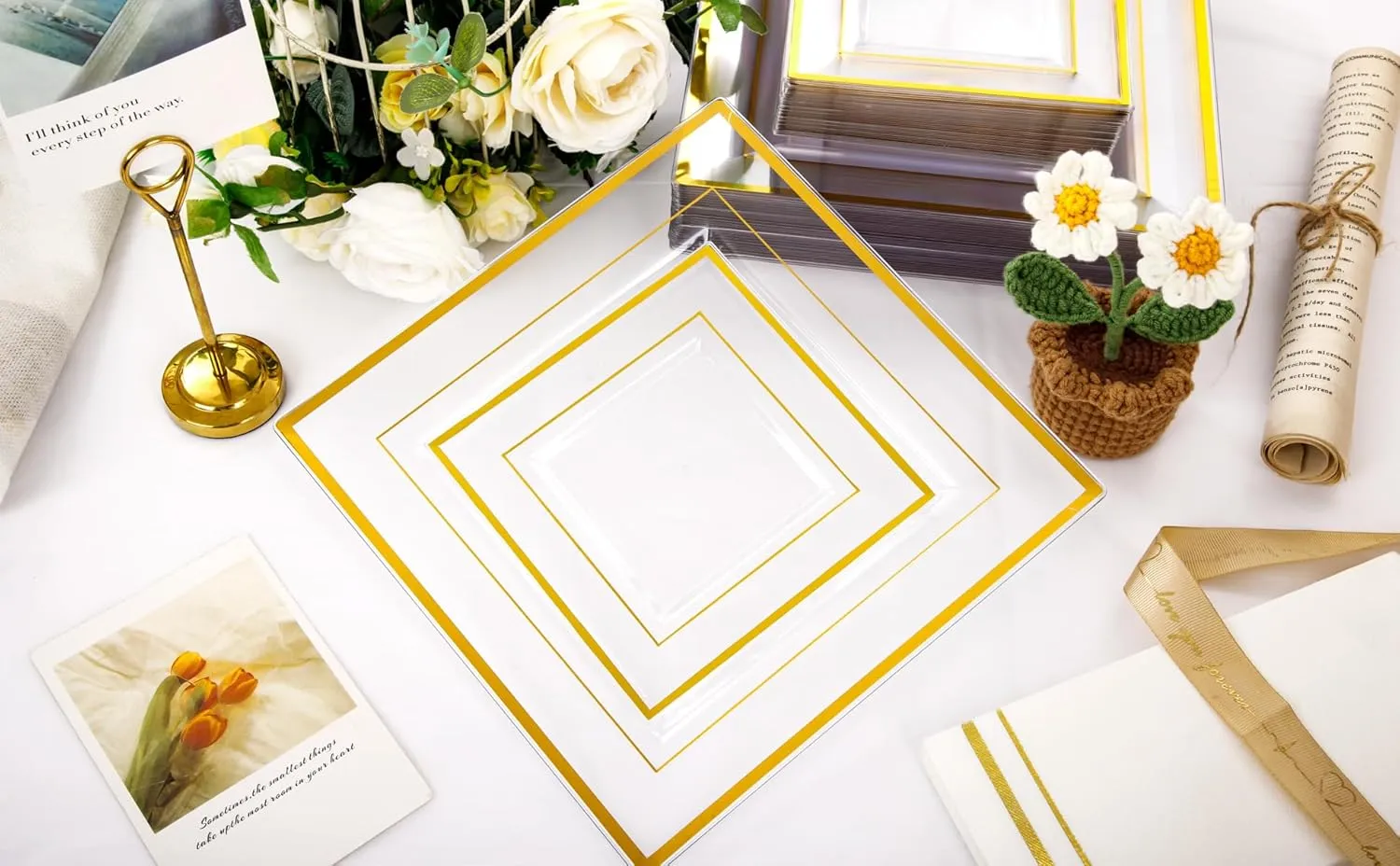Festiva 176Pcs Clear and Gold Plastic Plates - Square Clear Plates with Gold Trim - Dinnerware Set for 25Guest include Cups Cutlery Napkins for New Year Party&Wedding&Christmas