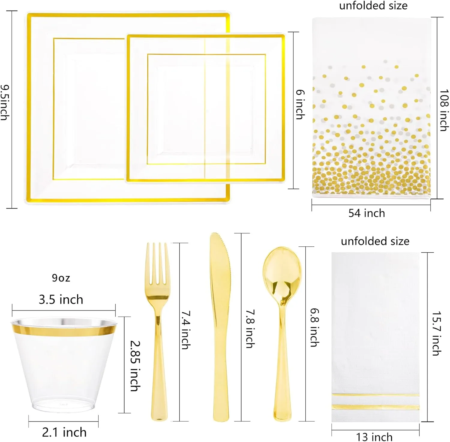 Festiva 176Pcs Clear and Gold Plastic Plates - Square Clear Plates with Gold Trim - Dinnerware Set for 25Guest include Cups Cutlery Napkins for New Year Party&Wedding&Christmas