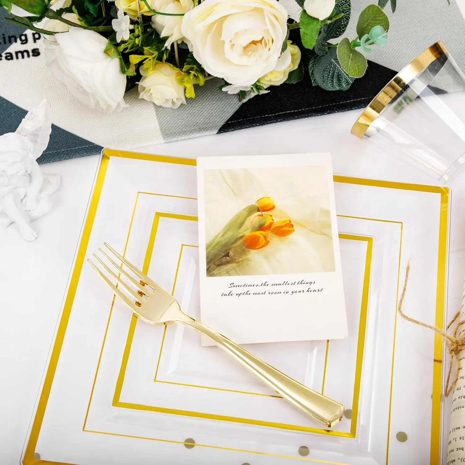 Festiva 176Pcs Clear and Gold Plastic Plates - Square Clear Plates with Gold Trim - Dinnerware Set for 25Guest include Cups Cutlery Napkins for New Year Party&Wedding&Christmas