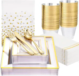 Festiva 176Pcs Clear and Gold Plastic Plates - Square Clear Plates with Gold Trim - Dinnerware Set for 25Guest include Cups Cutlery Napkins for New Year Party&Wedding&Christmas