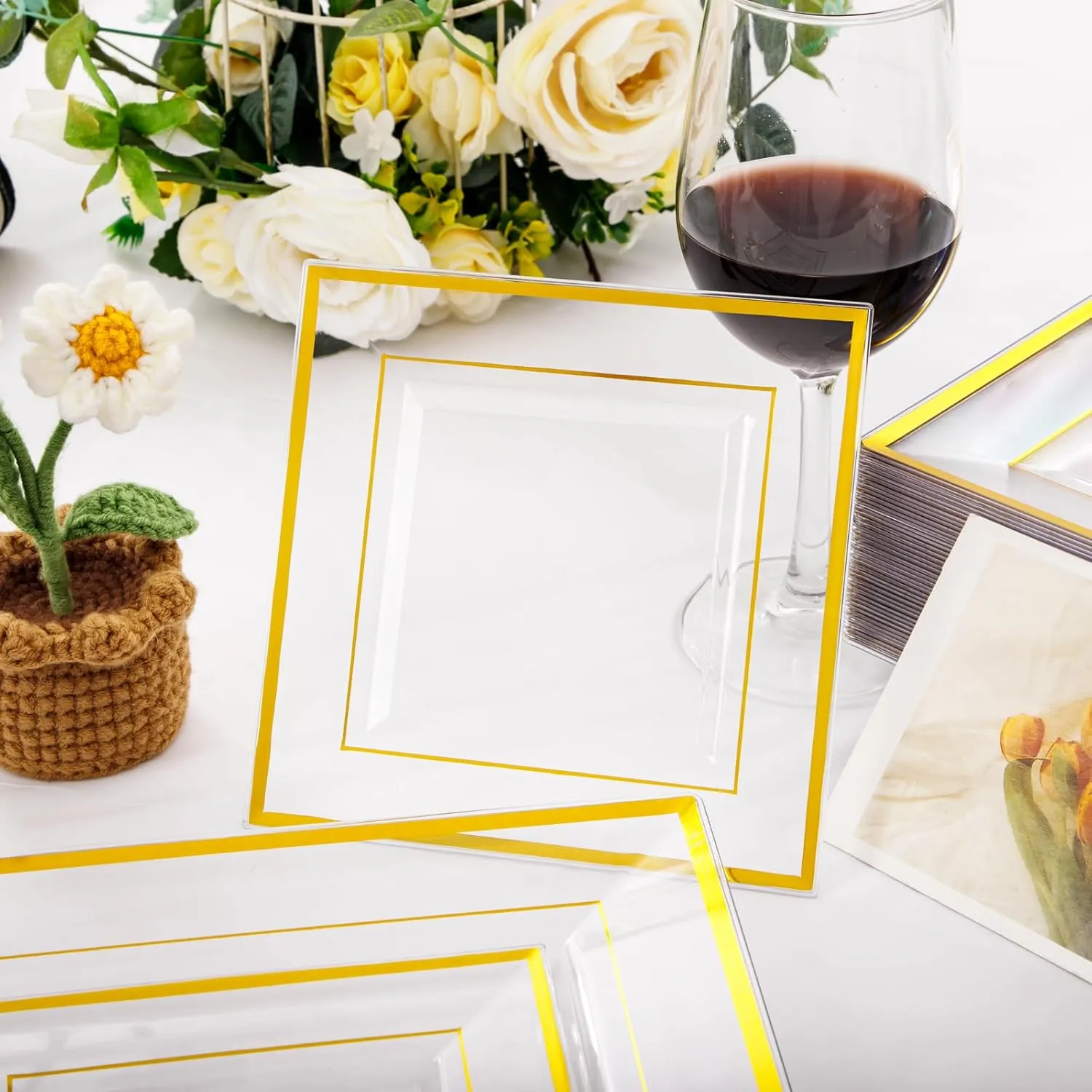Festiva 176Pcs Clear and Gold Plastic Plates - Square Clear Plates with Gold Trim - Dinnerware Set for 25Guest include Cups Cutlery Napkins for New Year Party&Wedding&Christmas