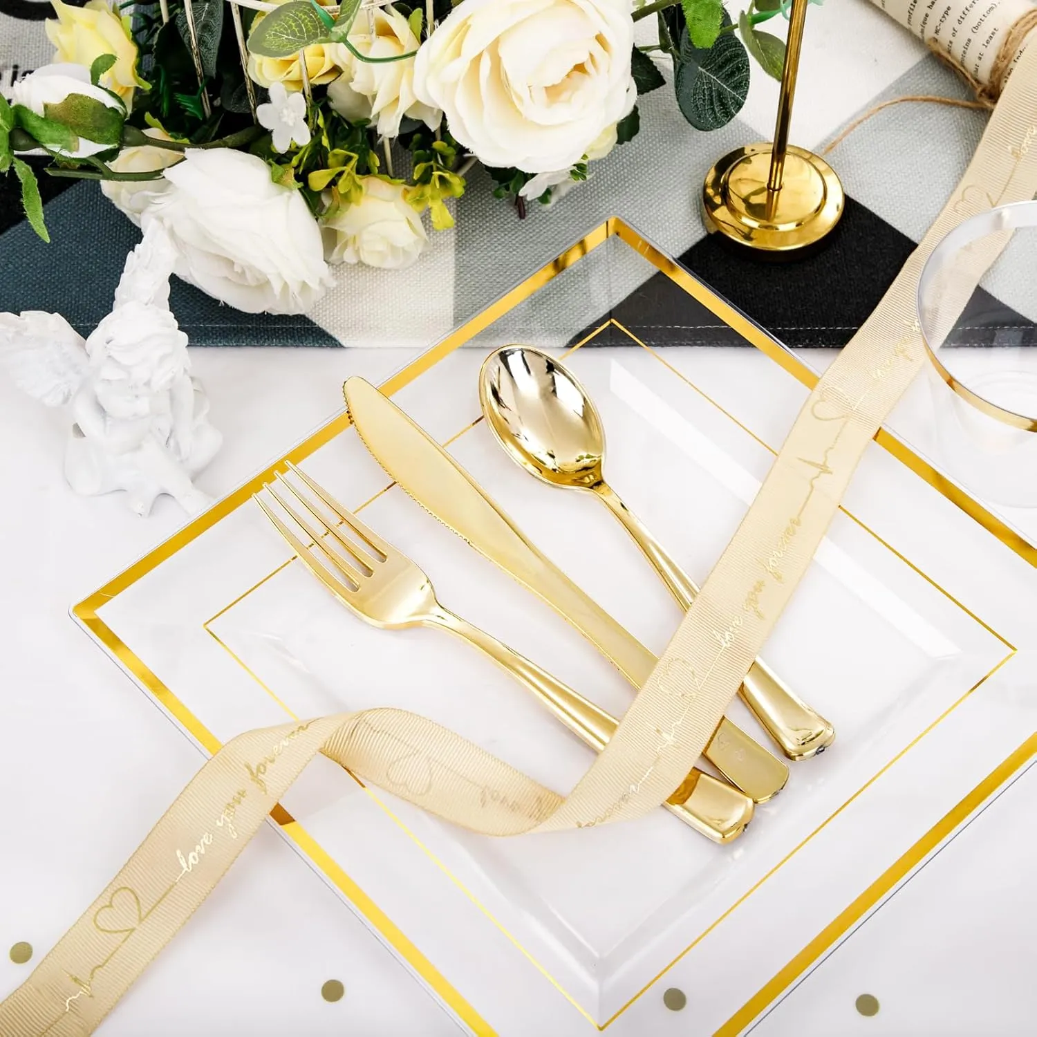 Festiva 176Pcs Clear and Gold Plastic Plates - Square Clear Plates with Gold Trim - Dinnerware Set for 25Guest include Cups Cutlery Napkins for New Year Party&Wedding&Christmas