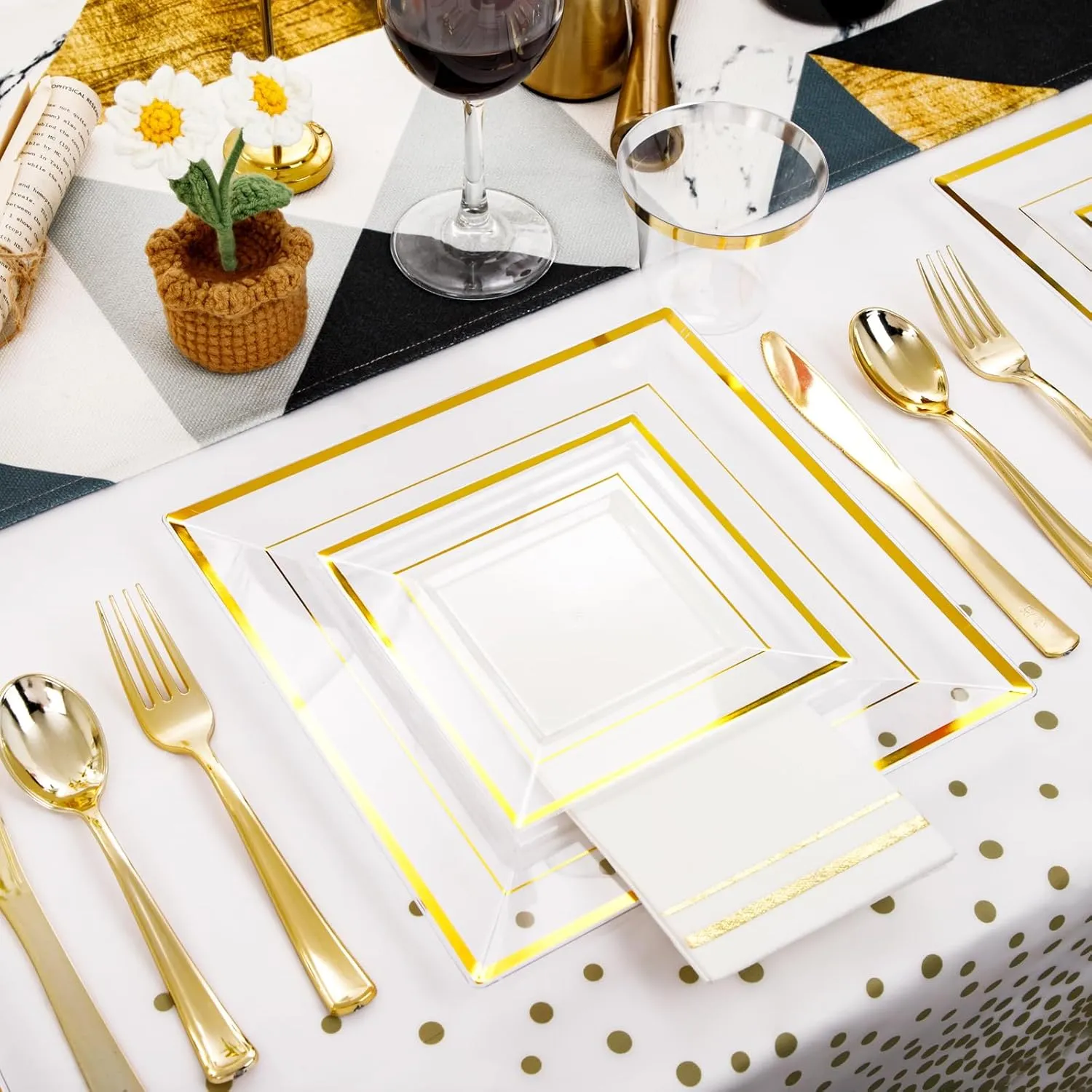 Festiva 176Pcs Clear and Gold Plastic Plates - Square Clear Plates with Gold Trim - Dinnerware Set for 25Guest include Cups Cutlery Napkins for New Year Party&Wedding&Christmas