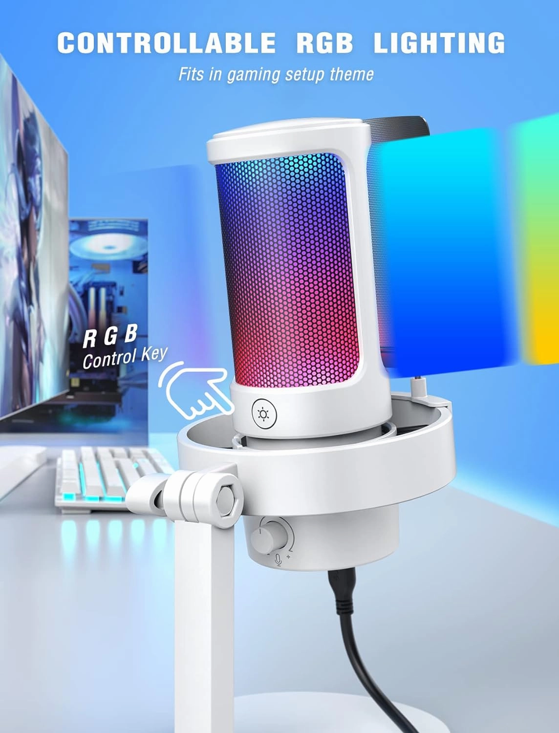 FIFINE Gaming USB PC Computer RGB Microphone for Live Streaming, Meeting, Podcasting, Video, Condenser Mic with Monitoring Headphone Jack, Light Control, for MAC OS/Windows-AmpliGame A8 White