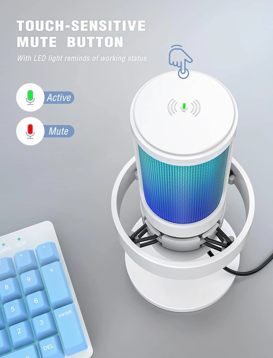 FIFINE Gaming USB PC Computer RGB Microphone for Live Streaming, Meeting, Podcasting, Video, Condenser Mic with Monitoring Headphone Jack, Light Control, for MAC OS/Windows-AmpliGame A8 White