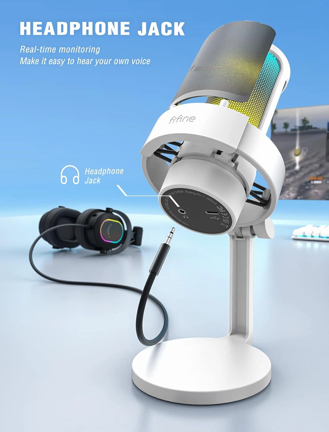 FIFINE Gaming USB PC Computer RGB Microphone for Live Streaming, Meeting, Podcasting, Video, Condenser Mic with Monitoring Headphone Jack, Light Control, for MAC OS/Windows-AmpliGame A8 White