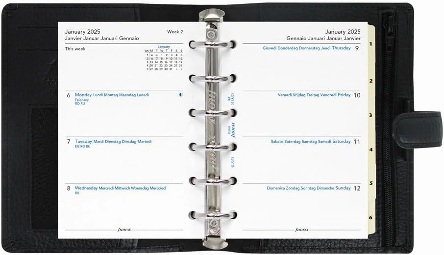 Filofax Finsbury Organizer, Pocket Size, Black - Traditional Grained Leather, Six Rings, Week-to-View Calendar Diary, Multilingual, 2025 (C025360-25)