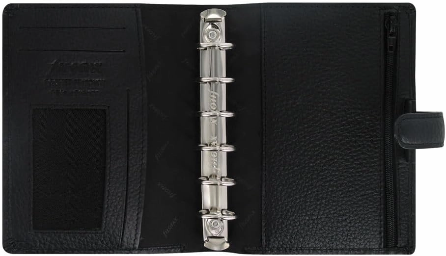 Filofax Finsbury Organizer, Pocket Size, Black - Traditional Grained Leather, Six Rings, Week-to-View Calendar Diary, Multilingual, 2025 (C025360-25)