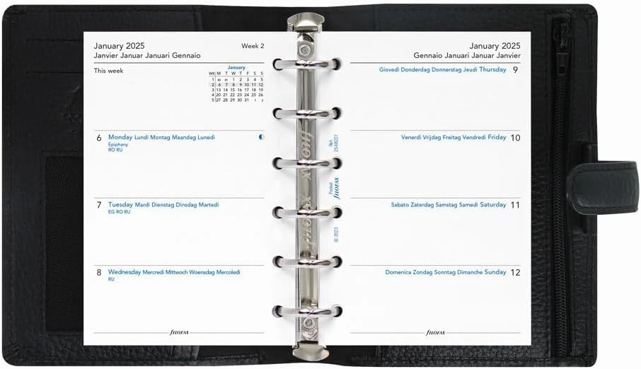Filofax Finsbury Organizer, Pocket Size, Black - Traditional Grained Leather, Six Rings, Week-to-View Calendar Diary, Multilingual, 2025 (C025360-25)