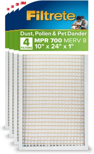 Filtrete 10x24x1 AC Furnace Air Filter, MPR 700, MERV 8, Tough on Pollen, Easy on Airflow, 3-Month Pleated 1-Inch Electrostatic Air Cleaning Filter, 4-Pack (Actual Size 9.81 x 23.69 x 0.81 in)