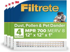Filtrete 12x12x1 AC Furnace Air Filter, MERV 8, MPR 700, Tough on Pollen, Easy on Airflow, 3-Month Pleated 1-Inch Electrostatic Air Cleaning Filter, 4-Pack (Actual Size 11.813 x 11.813 x 0.81 in )
