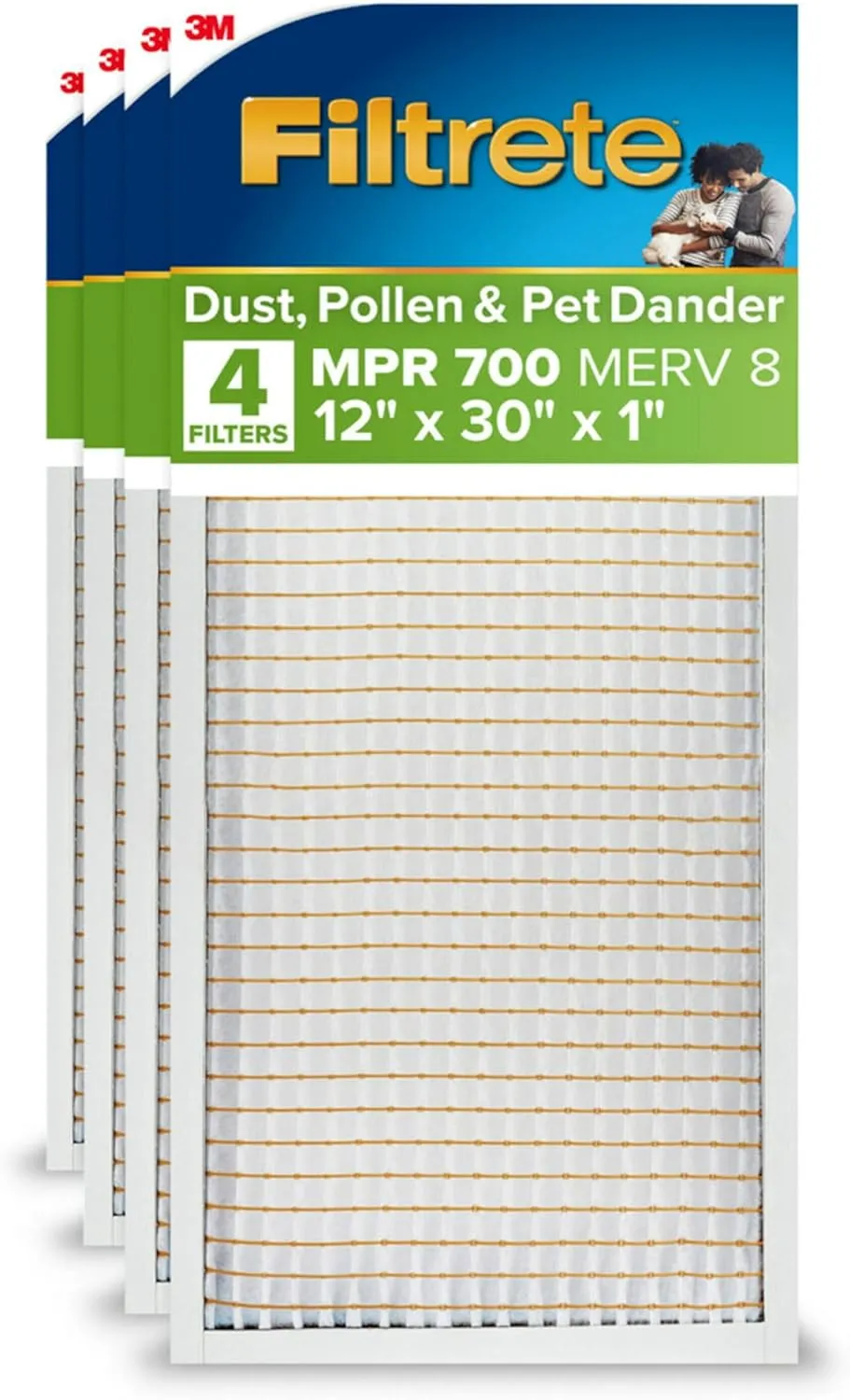 Filtrete 12x30x1 AC Furnace Air Filter, MPR 700, MERV 8, Tough on Pollen, Easy on Airflow, 3-Month Pleated 1-Inch Electrostatic Air Cleaning Filter, 4-Pack (Actual Size 11.81 x 29.81 x 0.81 in)
