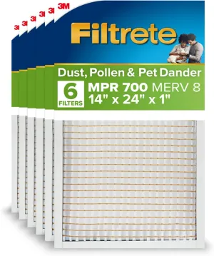 Filtrete 14x24x1 AC Furnace Air Filter, MPR 700, MERV 8, Tough on Pollen, Easy on Airflow, 3-Month Pleated 1-Inch Electrostatic Air Cleaning Filter, 6-Pack (Actual Size 13.81 x 23.81 x 0.81 in)