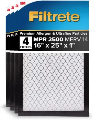 Filtrete 16x25x1 AC Furnace Air Filter, MERV 14, MPR 2500, Premium Ultra Fine Particle, 3-Month Pleated 1-Inch Electrostatic Air Cleaning Filter, 4-Pack (Actual Size 40.6 cm x 63.5 cm x 2.5 cm)