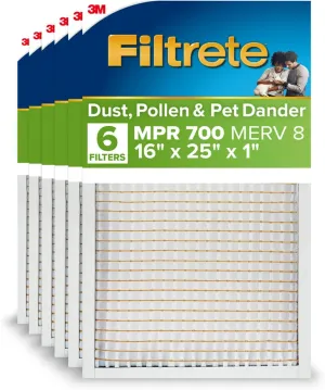 Filtrete 16x25x1 AC Furnace Air Filter, MPR 700, MERV 8, Tough on Pollen, Easy on Airflow, 3-Month Pleated 1-Inch Electrostatic Air Cleaning Filter, 6-Pack (Actual Size 15.68 x 24.56 x 0.78 in)