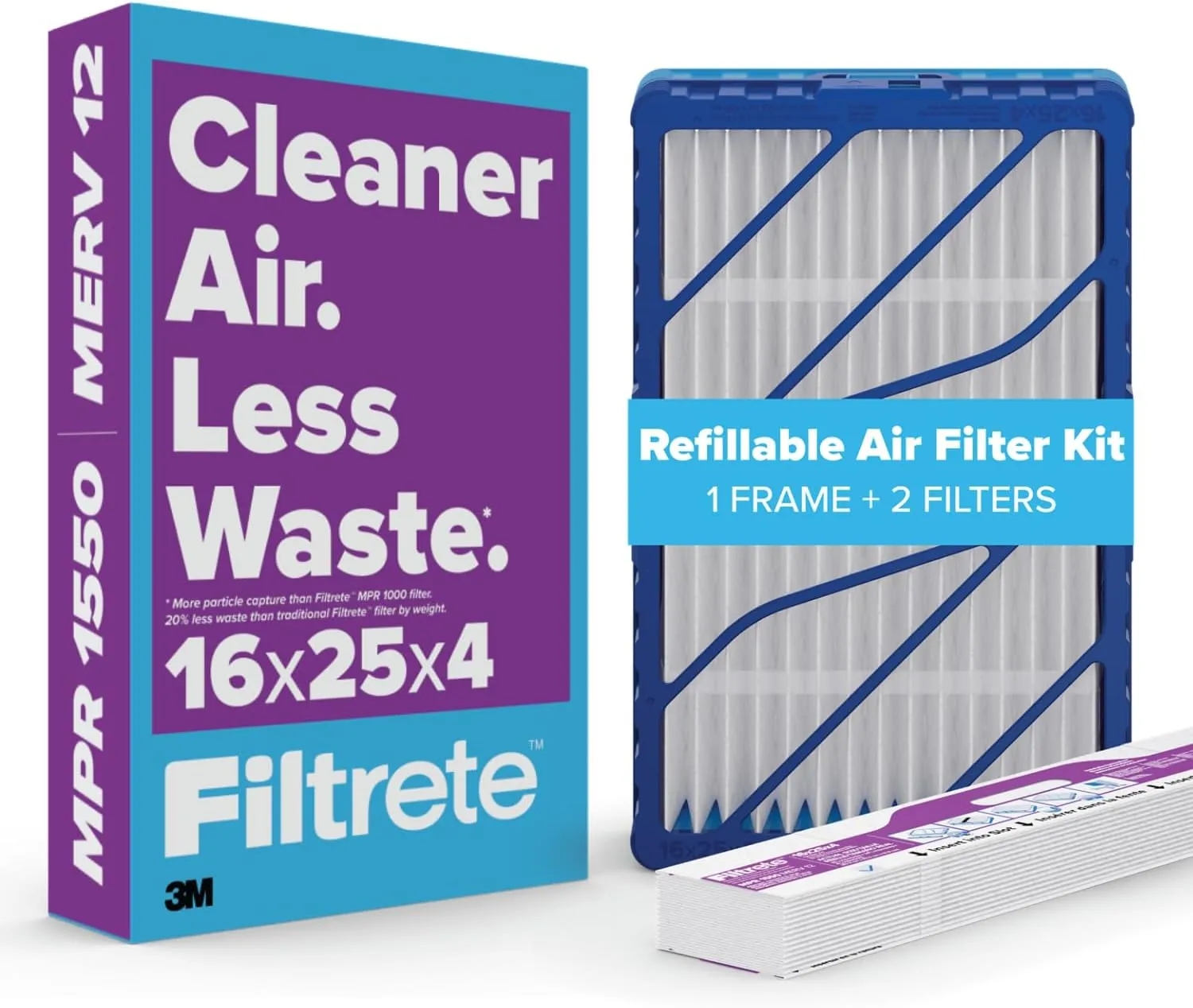 Filtrete 16x25x4 Refillable Air Filter Kit, MPR 1550, MERV 12, Contains 1 Reusable Air Filter Frame & 2 Air Filters, Fits Honeywell & Lenox, Allergen Bacteria & Virus, actual size 15.88 x 24.62 x 4.25