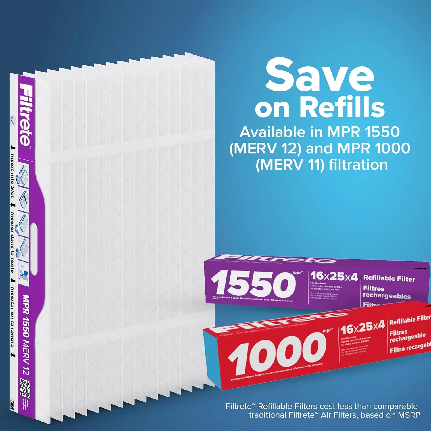 Filtrete 16x25x4 Refillable Air Filter Kit, MPR 1550, MERV 12, Contains 1 Reusable Air Filter Frame & 2 Air Filters, Fits Honeywell & Lenox, Allergen Bacteria & Virus, actual size 15.88 x 24.62 x 4.25