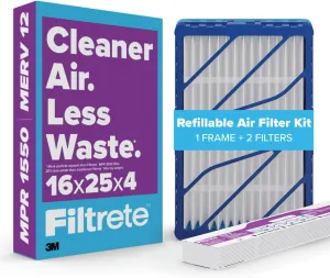 Filtrete 16x25x4 Refillable Air Filter Kit, MPR 1550, MERV 12, Contains 1 Reusable Air Filter Frame & 2 Air Filters, Fits Honeywell & Lenox, Allergen Bacteria & Virus, actual size 15.88 x 24.62 x 4.25