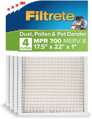 Filtrete 17.5x22x1 AC Furnace Air Filter, MERV 8, MPR 700, Tough on Pollen, Easy on Airflow, 3-Month Pleated 1-Inch Electrostatic Air Cleaning Filter, 4-Pack