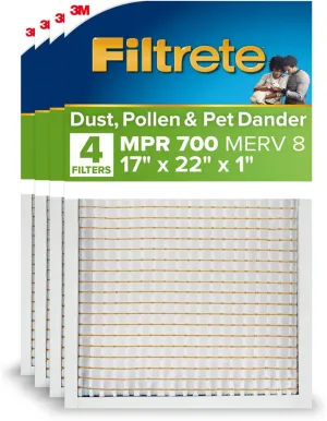 Filtrete 17x22x1 AC Furnace Air Filter, MPR 700, MERV 8, Tough on Pollen, Easy on Airflow, 3-Month Pleated 1-Inch Electrostatic Air Cleaning Filter, 4-Pack (Actual Size 16.69 x 21.69 x 0.81 in)