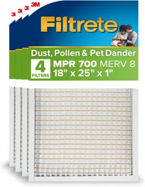 Filtrete 18x25x1 AC Furnace Air Filter, MERV 8, MPR 700, Tough on Pollen, Easy on Airflow, 3-Month Pleated 1-Inch Electrostatic Air Cleaning Filter, 4-Pack