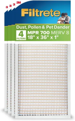 Filtrete 18x36x1 AC Furnace Air Filter, MERV 8, MPR 700, Tough on Pollen, Easy on Airflow, 3-Month Pleated 1-Inch Electrostatic Air Cleaning Filter, 4-Pack