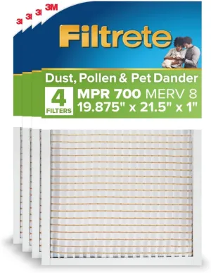 Filtrete 19 7/8x21.5x1 AC Furnace Air Filter, MERV 8, MPR 700, Tough on Pollen, Easy on Airflow, 3-Month Pleated 1-Inch Electrostatic Air Cleaning Filter, 4-Pack