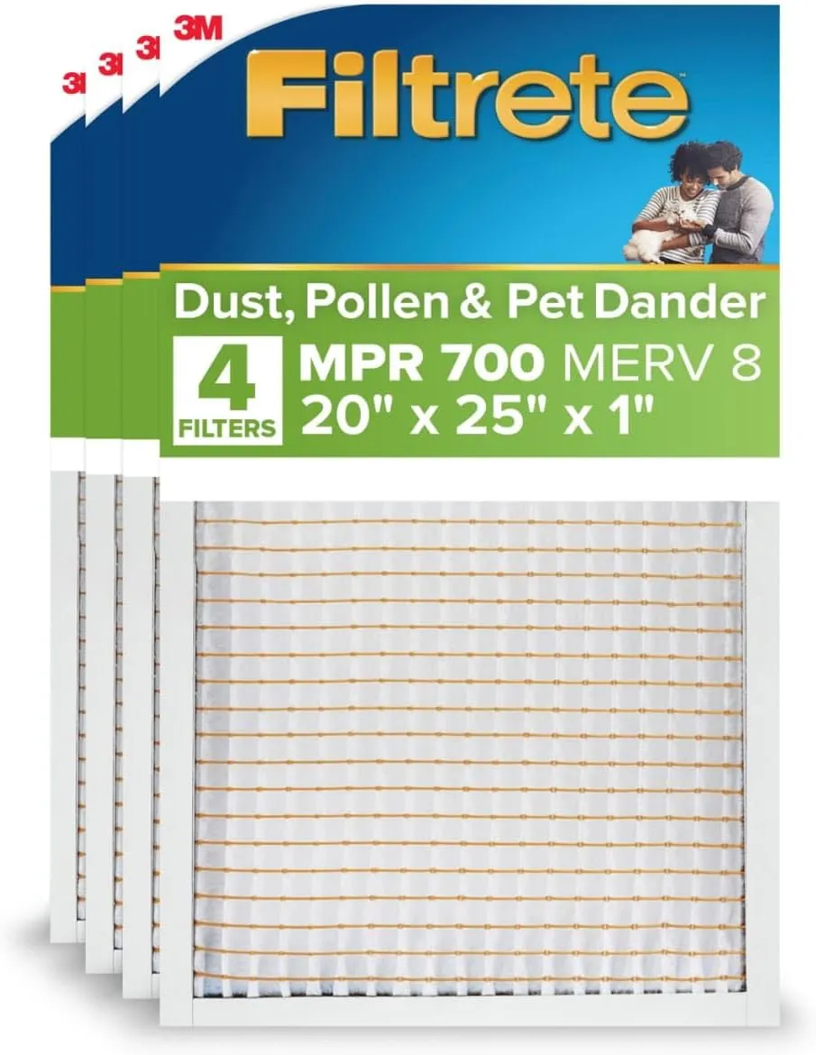 Filtrete 20x25x1 AC Furnace Air Filter, MERV 8, MPR 700, Tough on Pollen, Easy on Airflow, 3-Month Pleated 1-Inch Electrostatic Air Cleaning Filter, 4-Pack (Actual Size 19.880 x 25.563 x 0.8125 in )