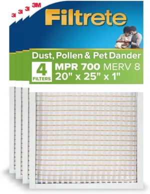 Filtrete 20x25x1 AC Furnace Air Filter, MERV 8, MPR 700, Tough on Pollen, Easy on Airflow, 3-Month Pleated 1-Inch Electrostatic Air Cleaning Filter, 4-Pack (Actual Size 19.880 x 25.563 x 0.8125 in )