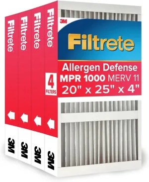Filtrete 20x25x4 AC Furnace Air Filter, MPR 1000, MERV 11, Fits Honeywell & AprilAire Space-Gard, Allergen Defense, Electrostatic Air Cleaning Filter, 4-Pack (actual size 19.88 x 24.63 x 4.31)