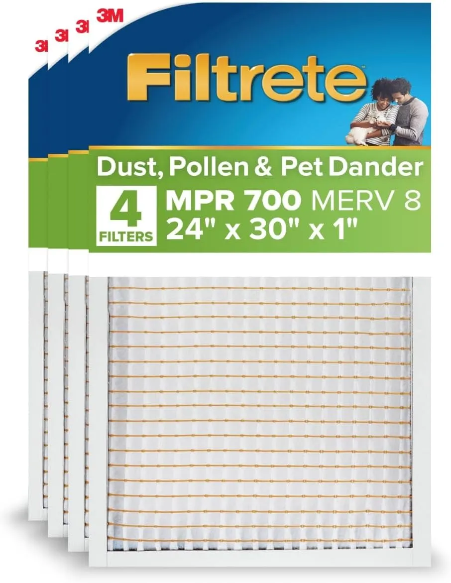 Filtrete 24x30x1 AC Furnace Air Filter, MPR 700, MERV 8, Tough on Pollen, Easy on Airflow, 3-Month Pleated 1-Inch Electrostatic Air Cleaning Filter, 4-Pack (Actual Size 23.81 x 29.81 x 0.81 in)