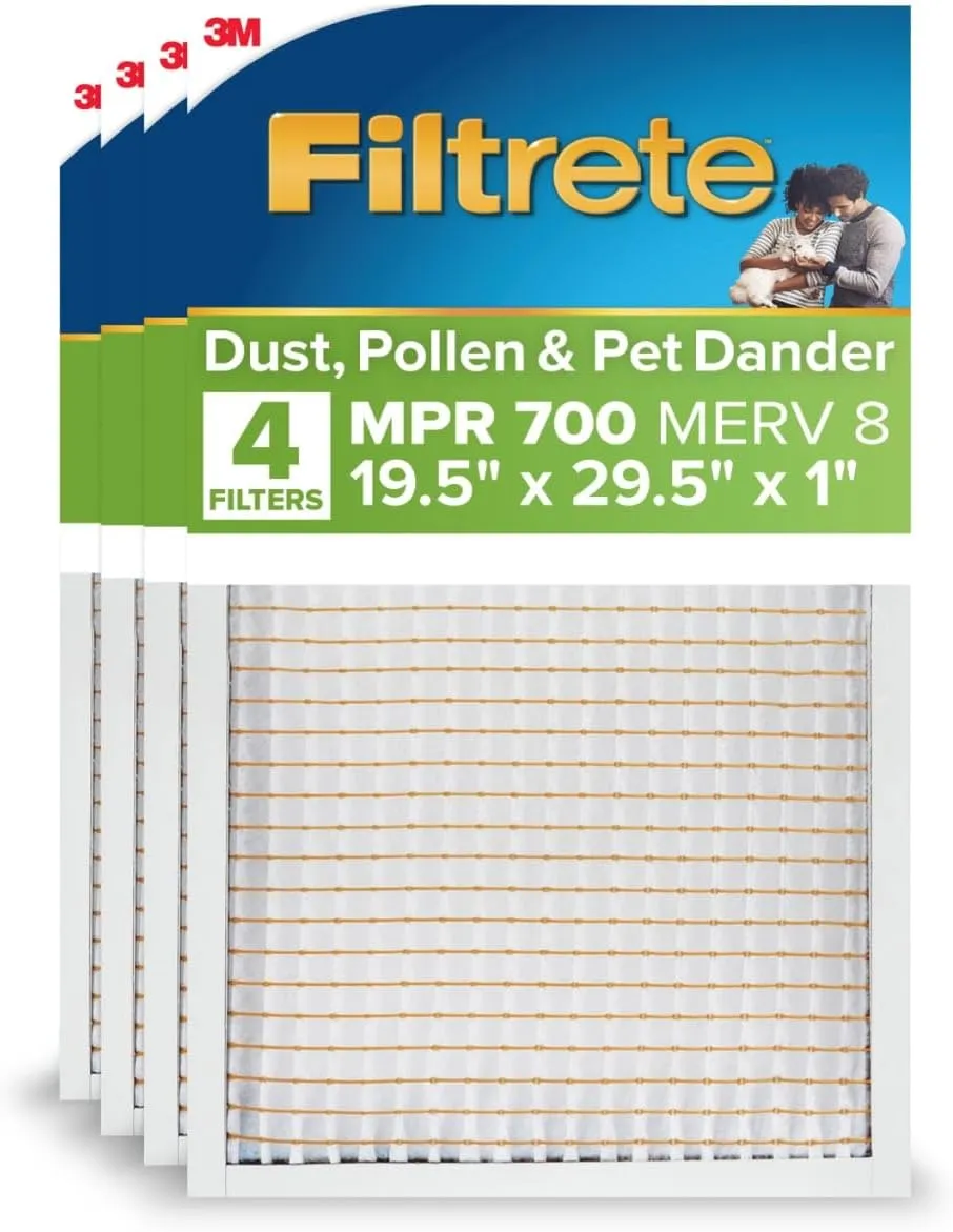 Filtrete Electrostatic Air Filter, 19.5x29.5x1,MPR 700,MERV 8,Clean Living Dust, Pollen and Pet Dander Reduction,Pleated HVAC AC Furnace Air Filters, 4 Filters