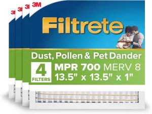Filtrete13.5x13.5x1 AC Furnace Air Filter, MERV 8, MPR 700, Tough on Pollen, Easy on Airflow, 3-Month Pleated 1-Inch Electrostatic Air Cleaning Filter, 4-Pack