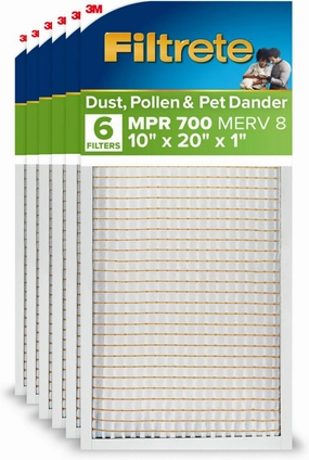 Filtrete 10x20x1 AC Furnace Air Filter, MPR 700, MERV 8, Tough on Pollen, Easy on Airflow, 3-Month Pleated 1-Inch Electrostatic Air Cleaning Filter, 6-Pack (Actual Size 9.81 x 19.81 x 0.81 in)