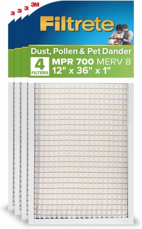 Filtrete 12x36x1 AC Furnace Air Filter, MERV 8, MPR 700, Tough on Pollen, Easy on Airflow, 3-Month Pleated 1-Inch Electrostatic Air Cleaning Filter, 4-Pack