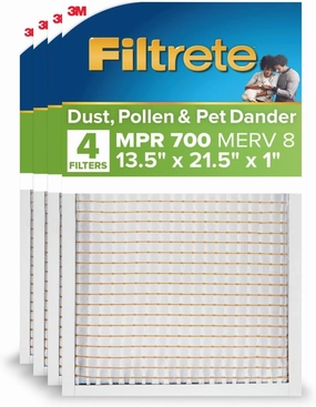 Filtrete 13.5x21.5x1 AC Furnace Air Filter, MERV 8, MPR 700, Tough on Pollen, Easy on Airflow, 3-Month Pleated 1-Inch Electrostatic Air Cleaning Filter, 4-Pack