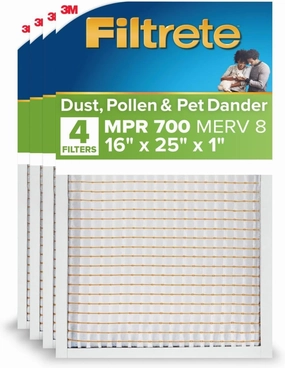 Filtrete 16x25x1 AC Furnace Air Filter, MERV 8, MPR 700, Tough on Pollen, Easy on Airflow, 3-Month Pleated 1-Inch Electrostatic Air Cleaning Filter, 4-Pack (Actual Size 15.69 x 24.69 x 1.56 in )